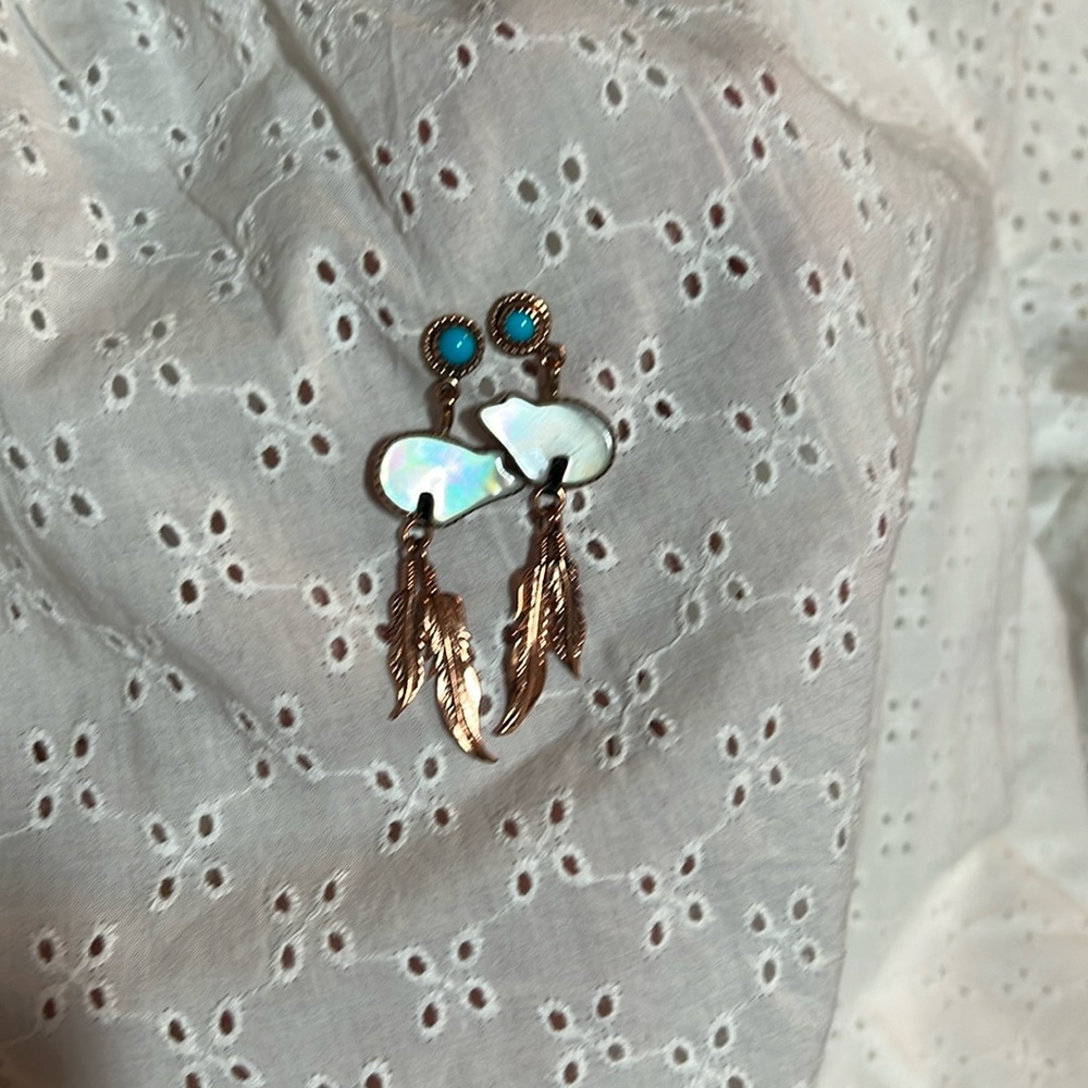 Vintage Running Bear Turquoise Mother of Pearl Earrings Signed CU 925 Copper